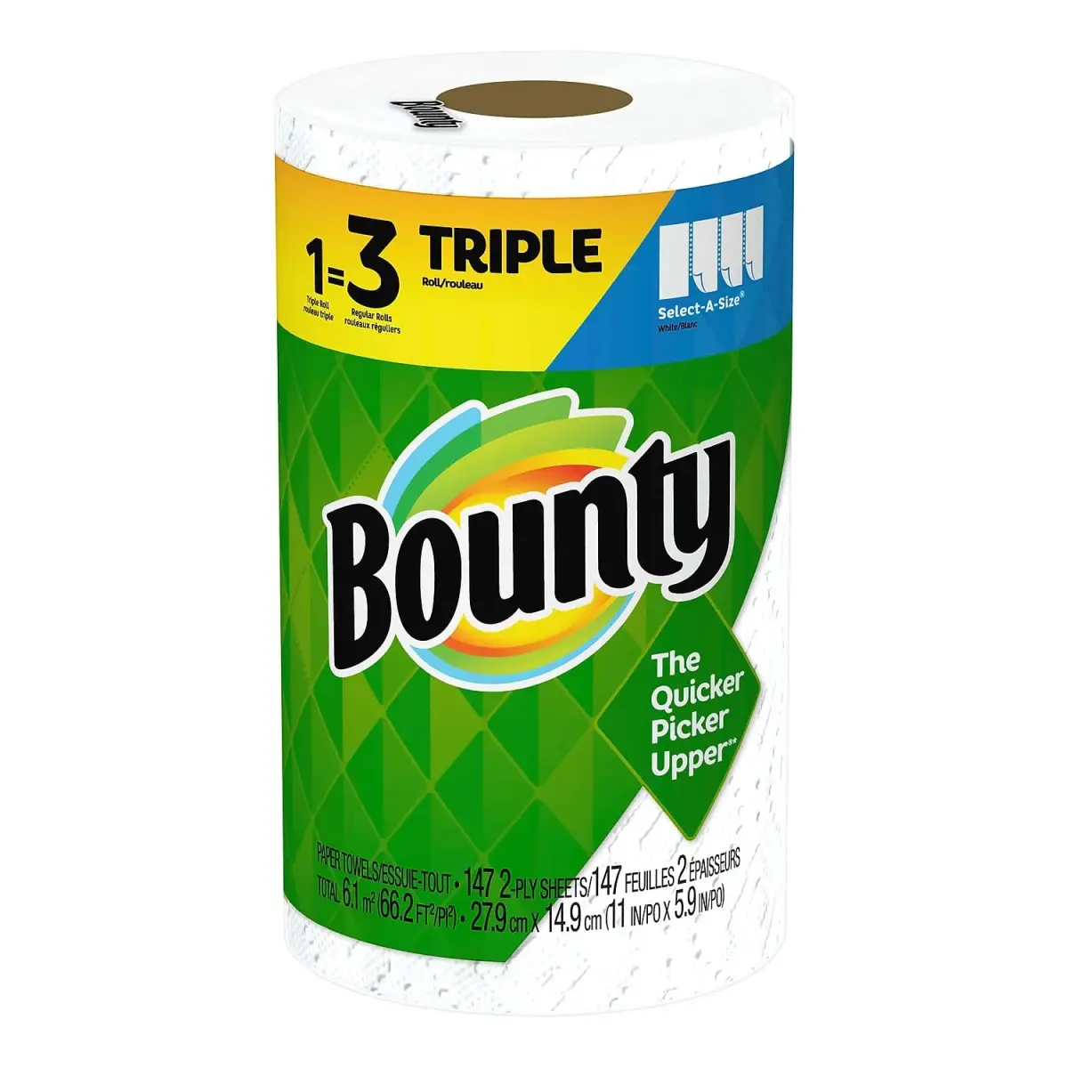 Bounty Select-A-Size Paper Towels, 147 Sheets/Roll, 12 Triple Rolls | 2X More Absorbent - main product image