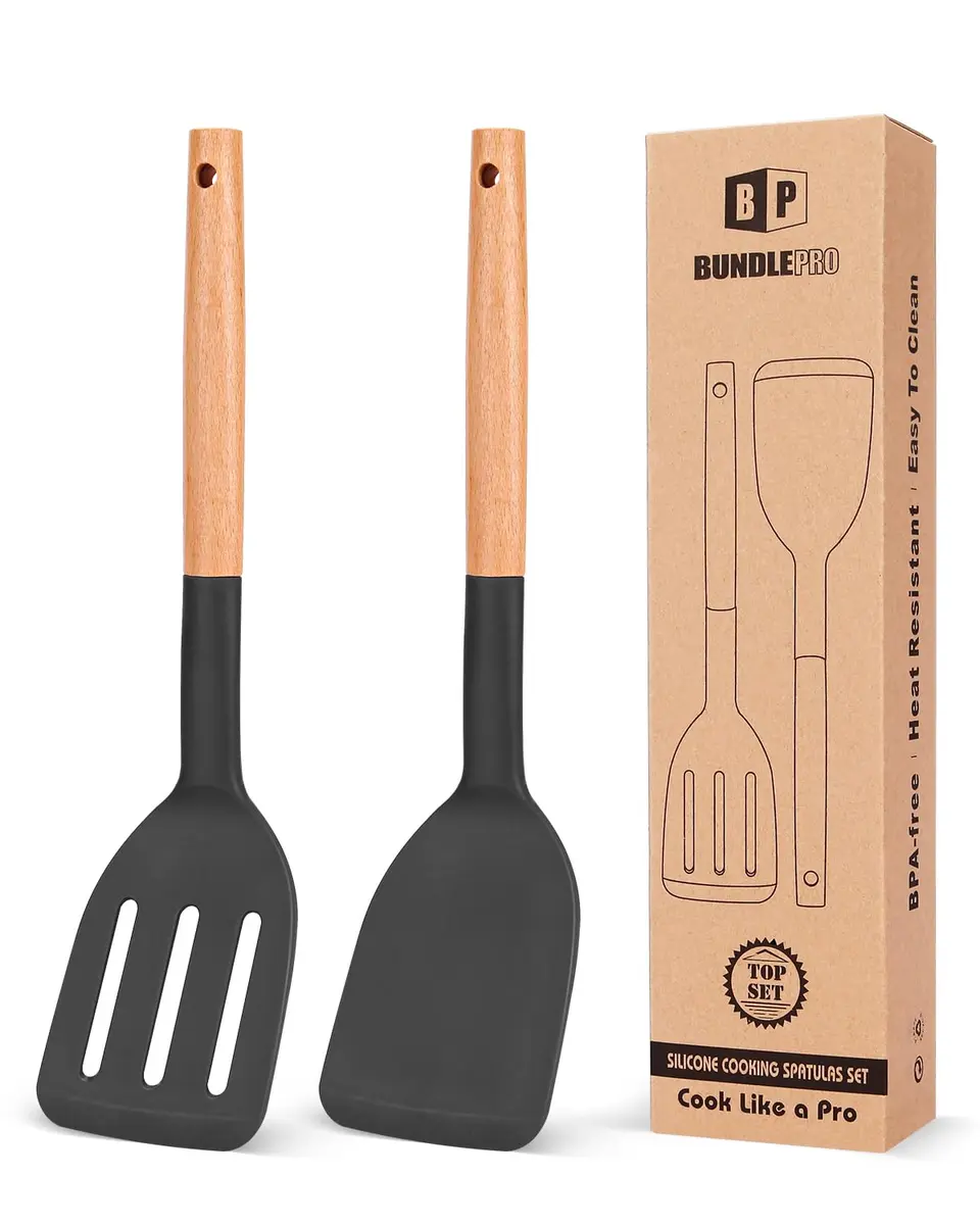 BUNDLEPRO Silicone Spatula & Slotted Turner Set, 2 Pack, Black | Heat Resistant to 230°C - main product image