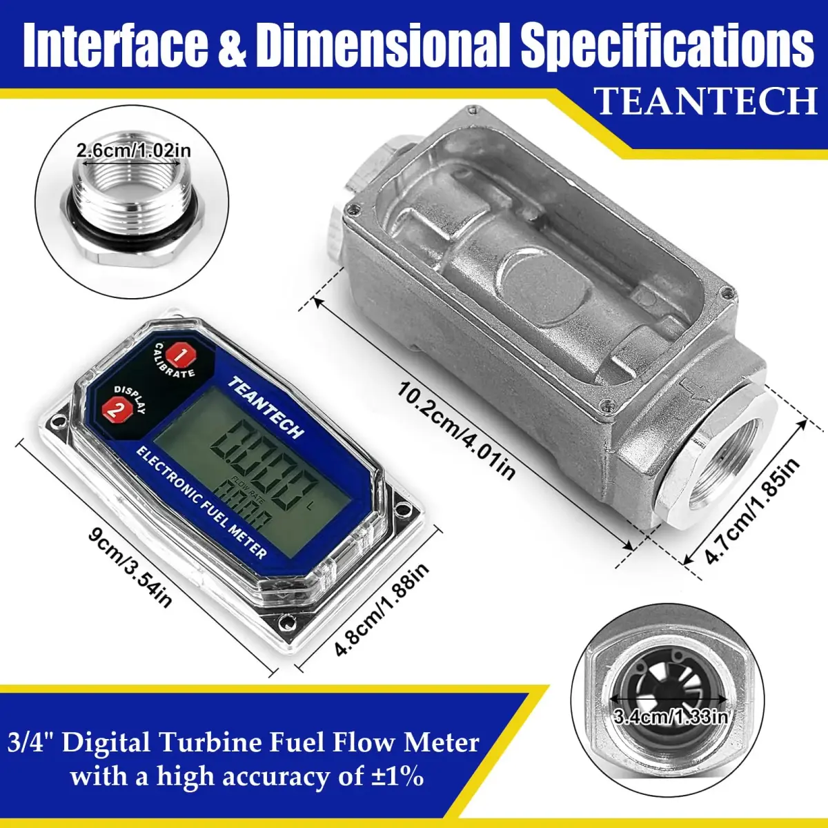 TEANTECH Turbine Flow Meter 3/4 inch (19.05mm) with NPT Counter | Accurate Flow Measurement - view 2