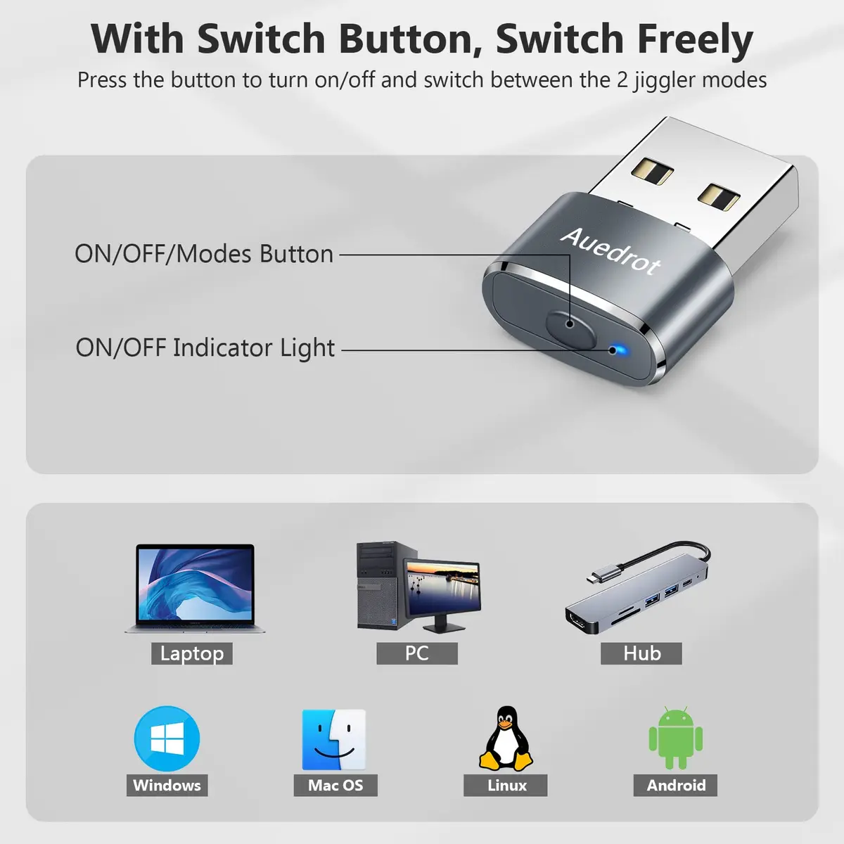 AUEDROT Mouse Jiggler Gray USB Mouse Mover with 2 Jiggle Modes | Keep Computer Awake - view 5