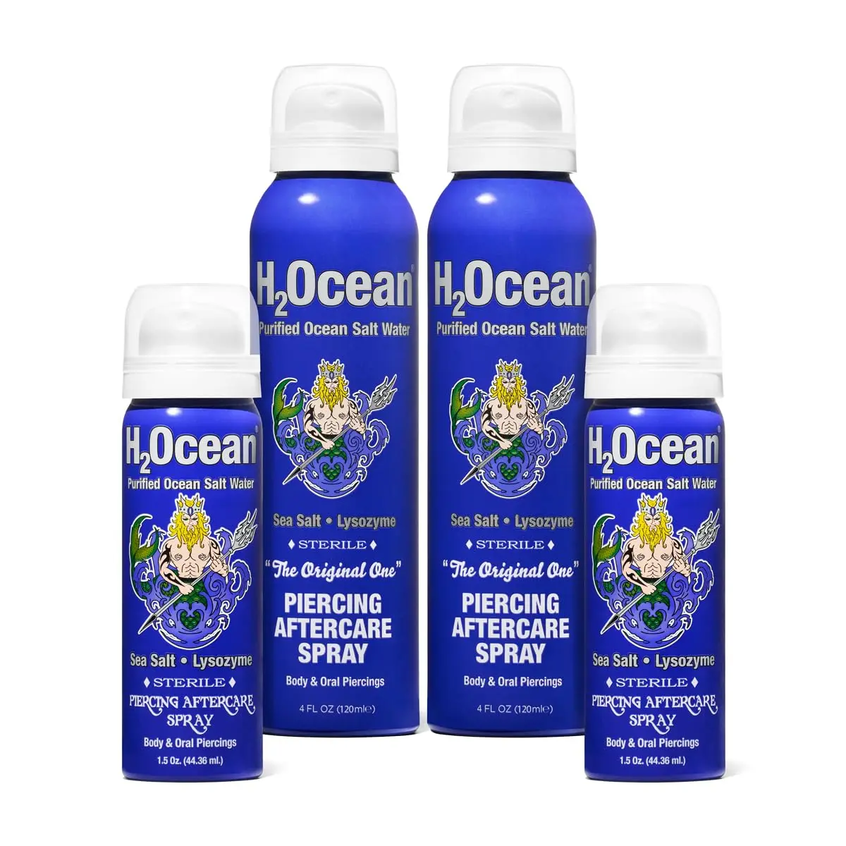 H2Ocean Piercing Aftercare Spray Bundle | 2x 4oz & 2x 1.5oz Bottles | Fast Healing for Ear, Nose, Body Piercings - main product image