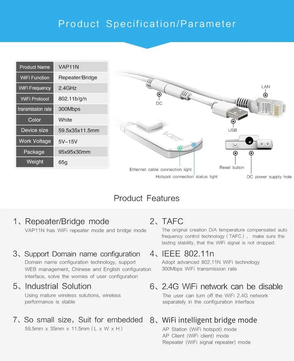 Vonets VAP11N-300 2.4GHz WiFi Bridge & Repeater | 300Mbps, IEEE 802.11b/g/n, 80m Range, Dual Antennas - view 3