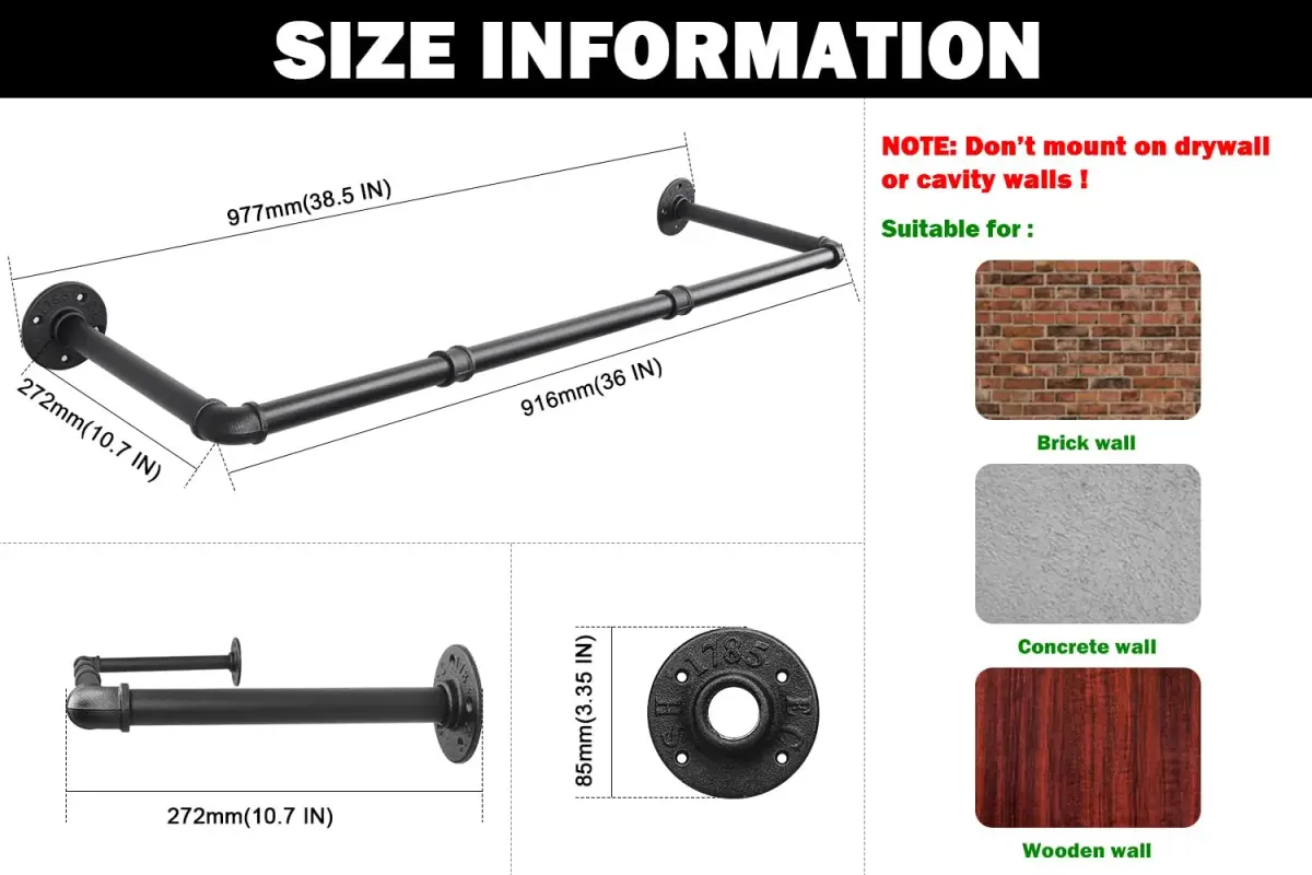 Livabber Industrial Pipe Clothes Rack 91cm (36 Inch) | Heavy Duty Wall Mounted Garment Bar for Bedroom, Closet - view 2