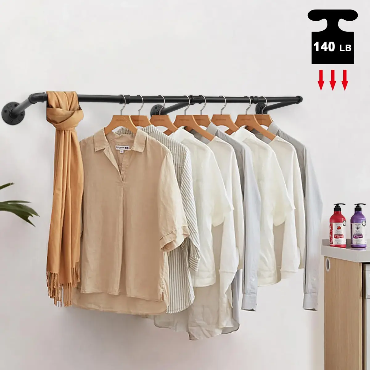 Livabber Industrial Pipe Clothes Rack 127 cm (50 Inch) | Rustic Wall Mounted Garment Rack for Bedroom, Closet - view 6