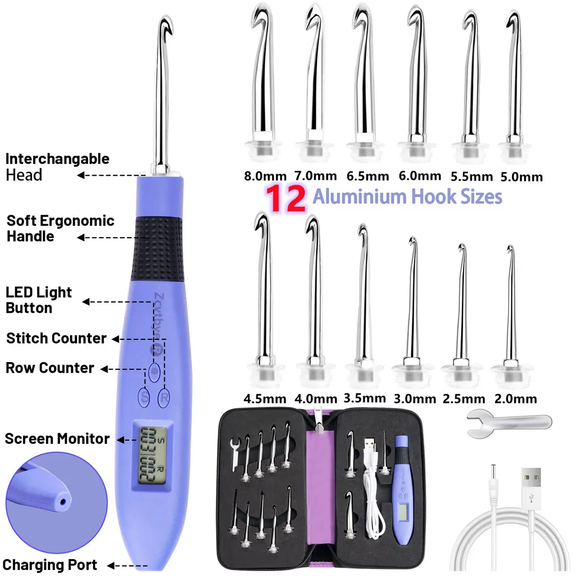 Zcvtbye Light Up Crochet Hooks Set, 12 Sizes with Digital Counters, Ergonomic, Rechargeable | Perfect for Dark Yarn Projects - view 6