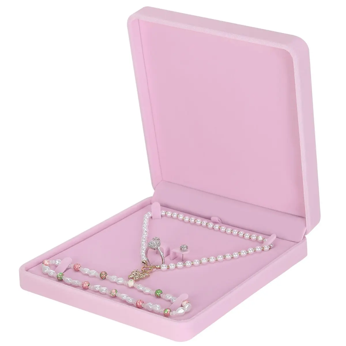 LETURE Velvet Jewelry Set Box for Bracelets, Necklaces, Earrings, Rings - Pink | 19cm (7.5in) Square - main product image