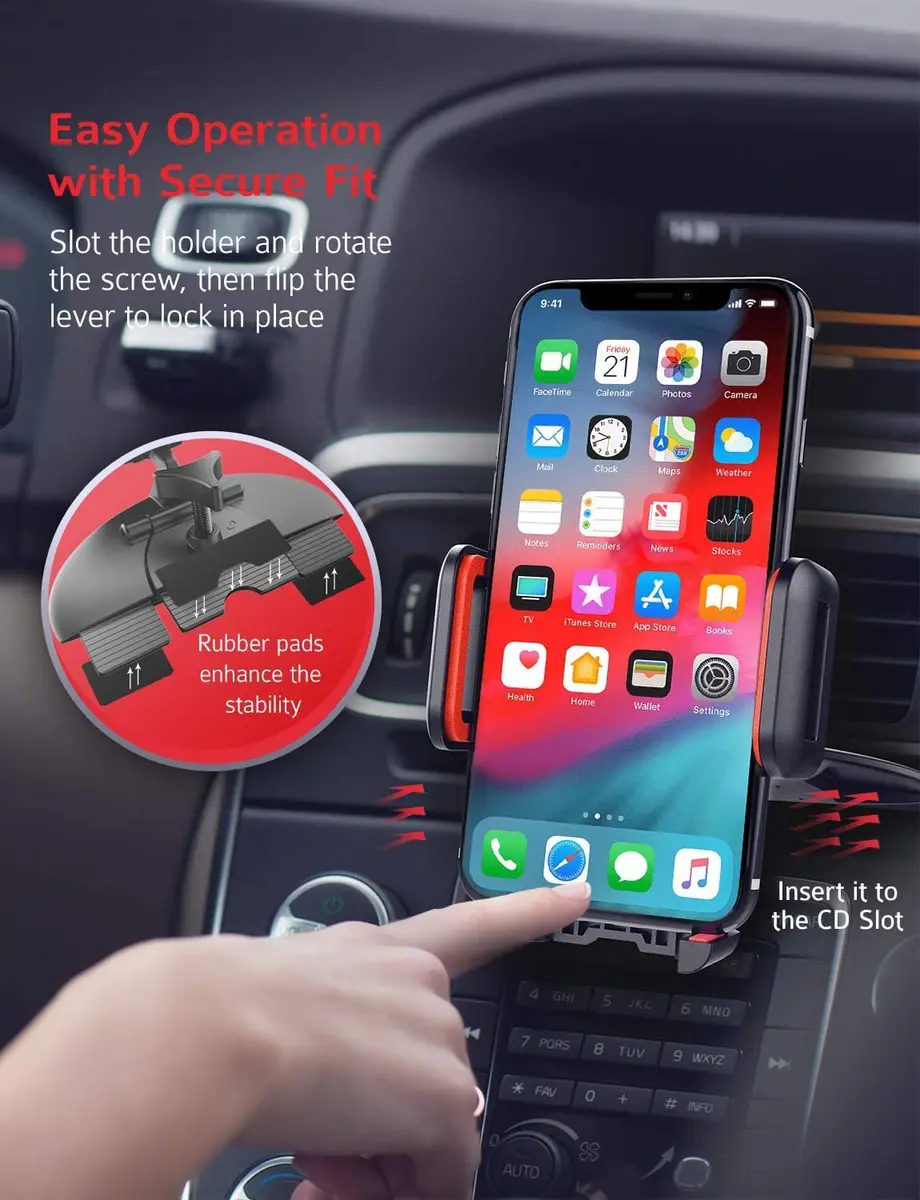 VSSMSSA Cell Phone Holder for Car, CD Slot Mount, One-Handed Operation, Compatible with iPhone14 13 12 Mini 11 Pro XR XS MAX Galaxy S20 S20+ S10 Red | Adjustable 4"-6.8" - view 4