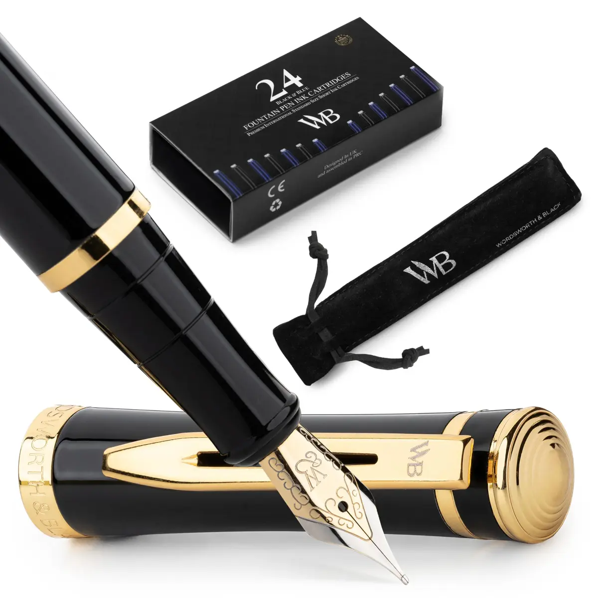 Wordsworth & Black Luxury Fountain Pen Set Medium Nib Black Gold Finish Pouch | Smooth Ink Flow - main product image