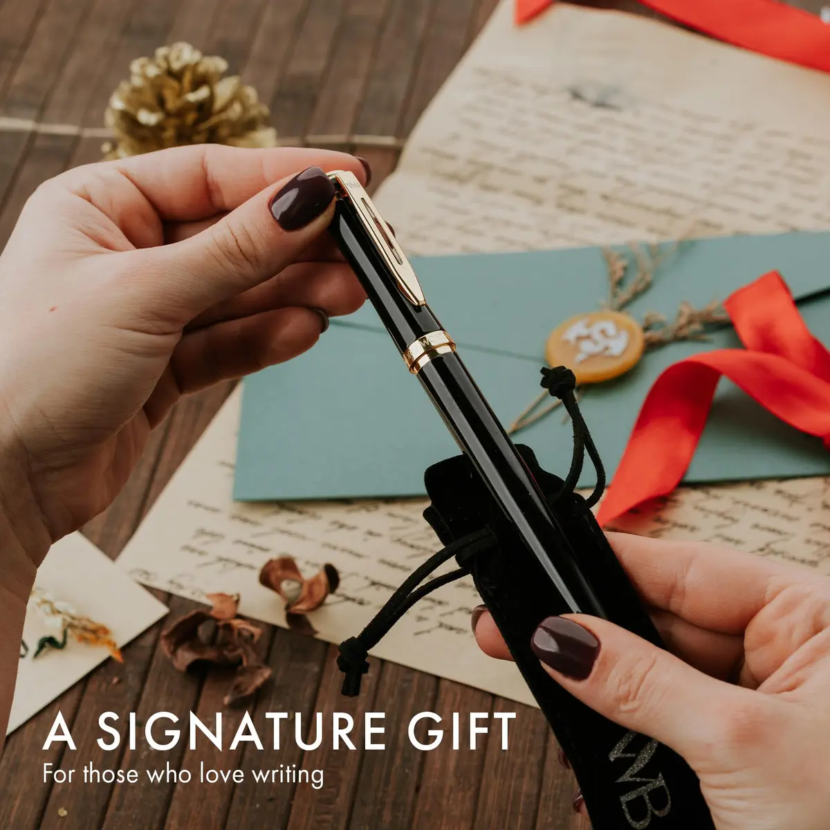 Wordsworth & Black Luxury Fountain Pen Set Medium Nib Black Gold Finish Pouch | Smooth Ink Flow - view 7