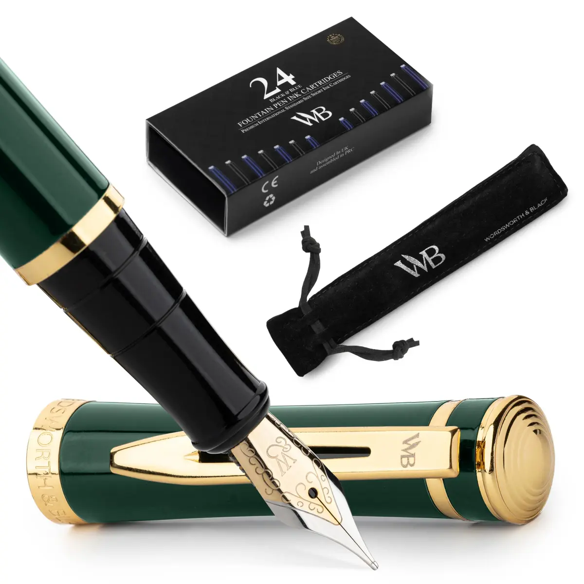 Wordsworth & Black Luxury Fountain Pen Set with Medium Nib, Racing Green | Smooth Ink Flow for Writing - main product image