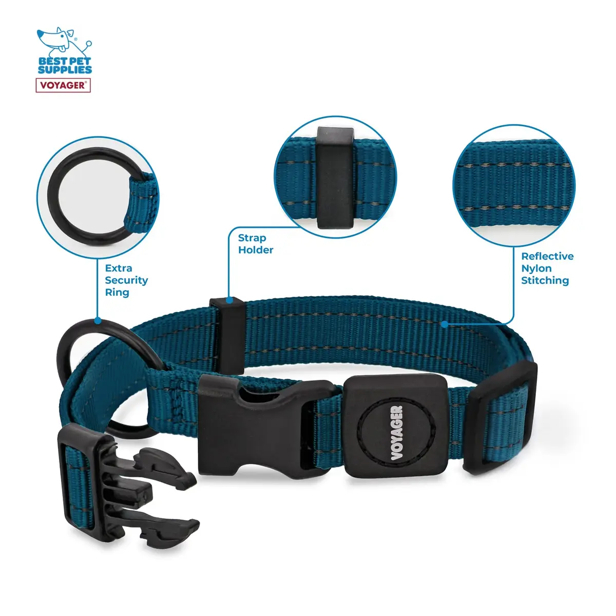 Best Pet Supplies Voyager Reflective Dog Collar with Neoprene Handle | Heavy Duty, Adjustable, Night Visibility, Blue, S - view 2