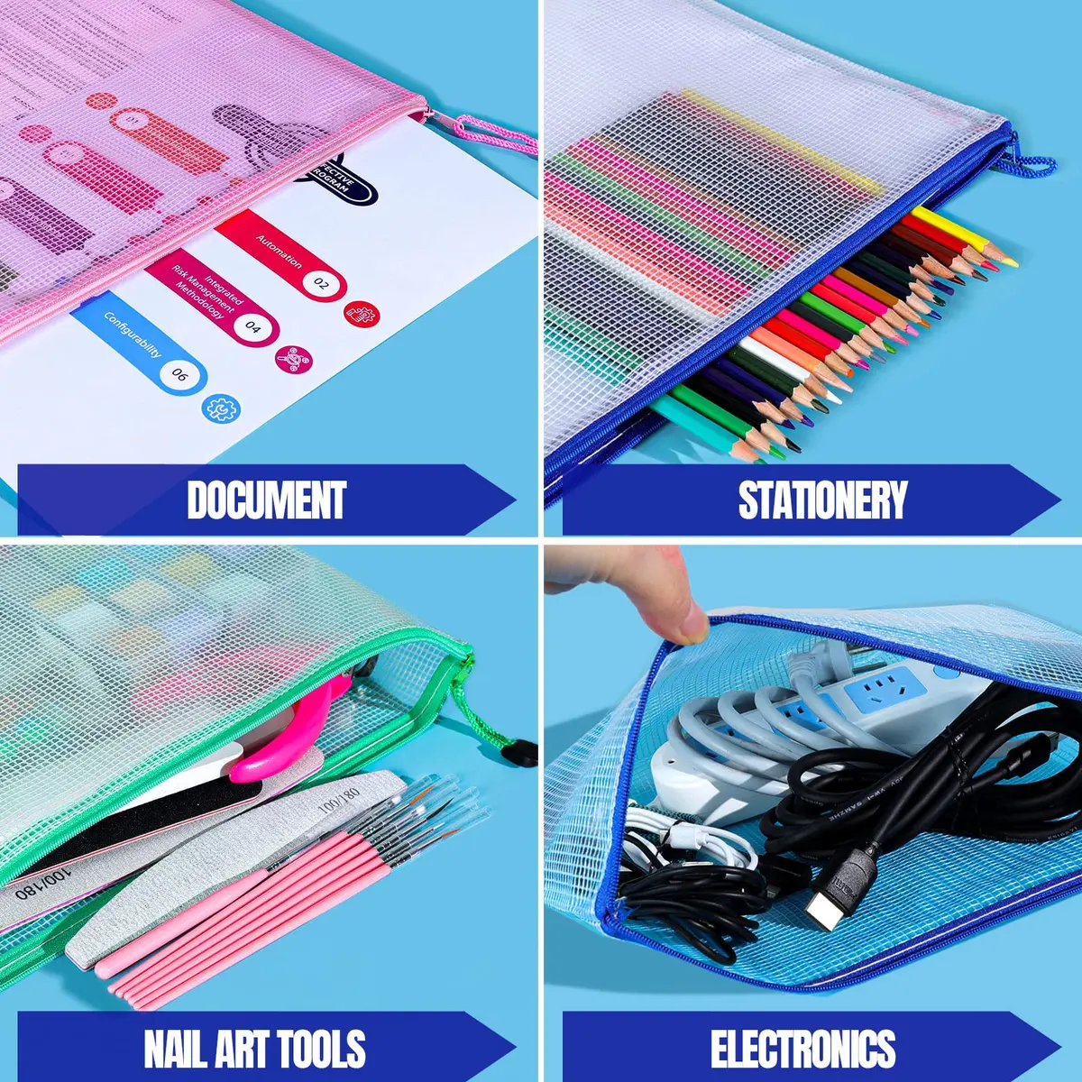 LEOBRO 20PCS Zipper Pouch, A4 Mesh Waterproof Bags, Classroom & Travel Organizer, File Jackets & Pockets - view 7