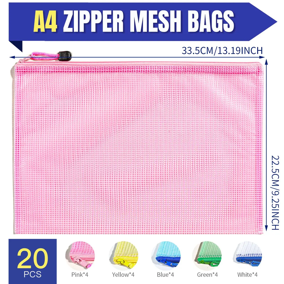 LEOBRO 20PCS Zipper Pouch, A4 Mesh Waterproof Bags, Classroom & Travel Organizer, File Jackets & Pockets - view 2