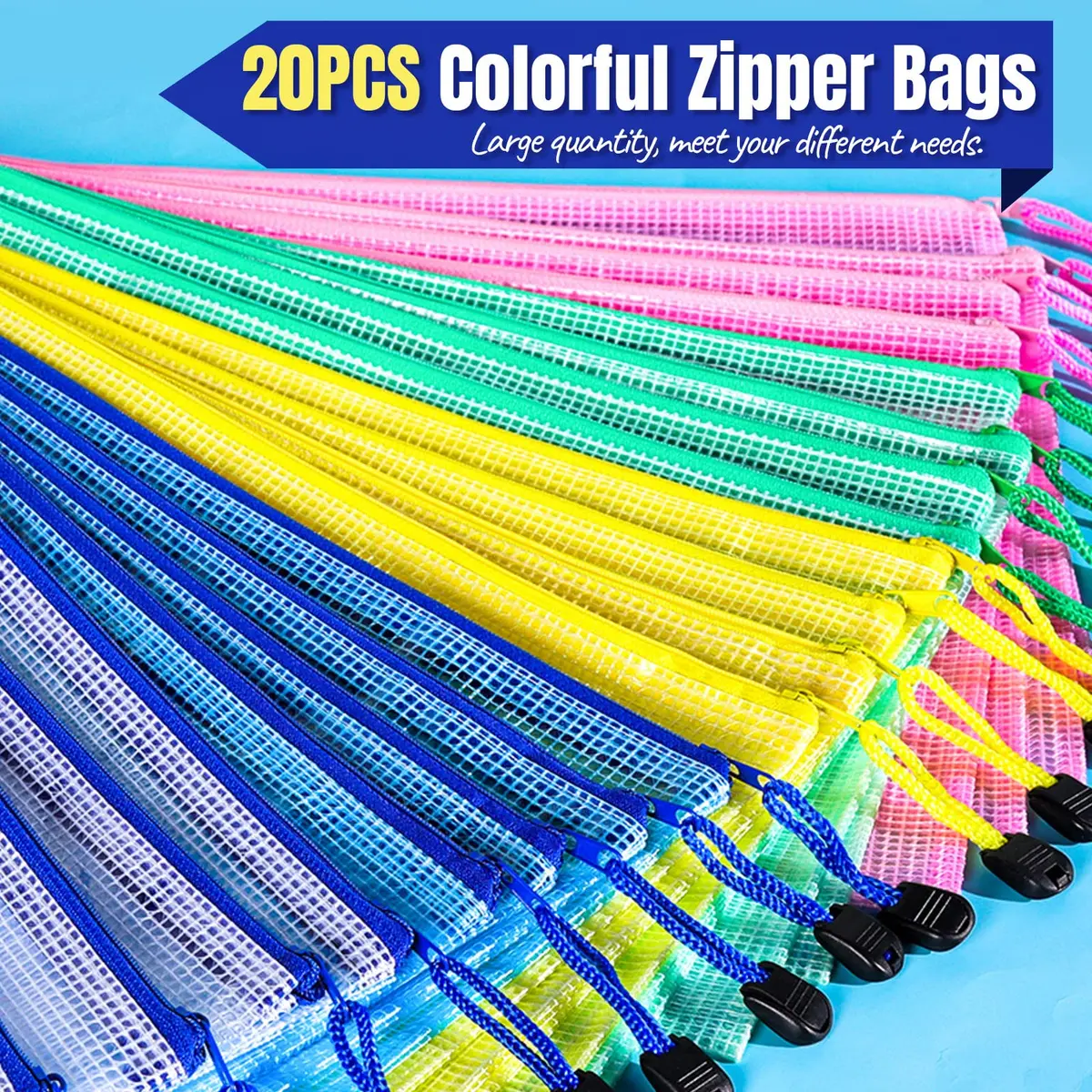 LEOBRO 20PCS Zipper Pouch, A4 Mesh Waterproof Bags, Classroom & Travel Organizer, File Jackets & Pockets - view 3