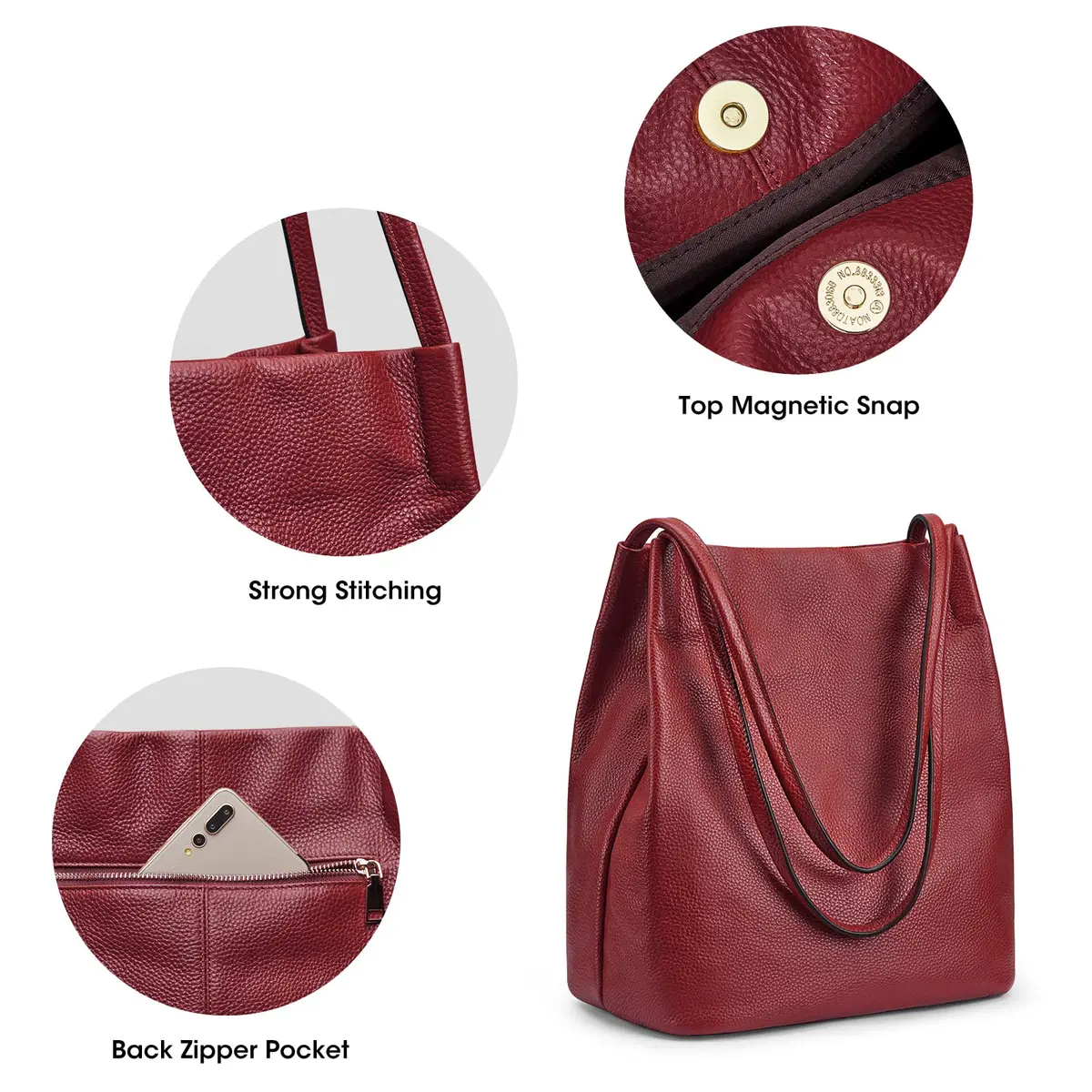 Kattee Genuine Leather Tote Handbag for Women (Wine Red) | Soft Top Grain Pebbled Cowhide Leather with Gold Hardware - view 5