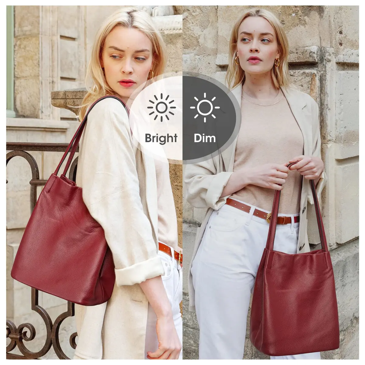 Kattee Genuine Leather Tote Handbag for Women (Wine Red) | Soft Top Grain Pebbled Cowhide Leather with Gold Hardware - view 6