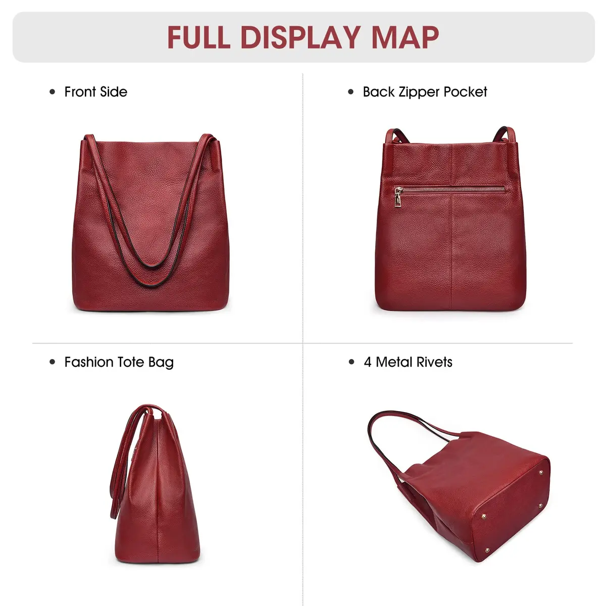 Kattee Genuine Leather Tote Handbag for Women (Wine Red) | Soft Top Grain Pebbled Cowhide Leather with Gold Hardware - view 7