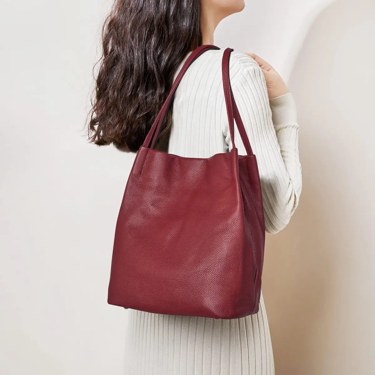 Kattee Genuine Leather Tote Handbag for Women (Wine Red) | Soft Top Grain Pebbled Cowhide Leather with Gold Hardware - view 2