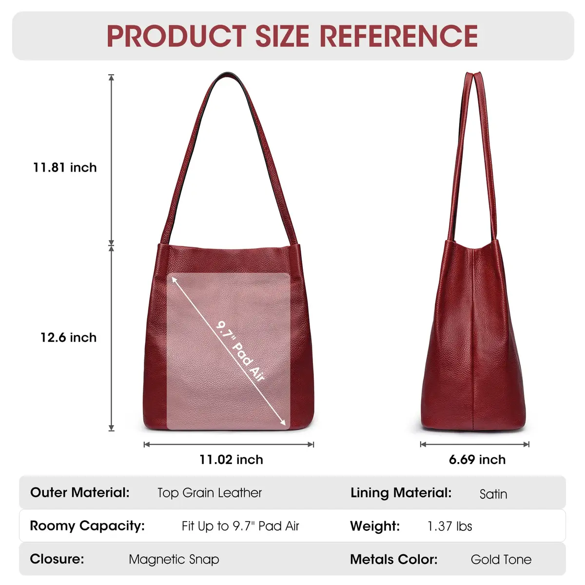 Kattee Genuine Leather Tote Handbag for Women (Wine Red) | Soft Top Grain Pebbled Cowhide Leather with Gold Hardware - view 3