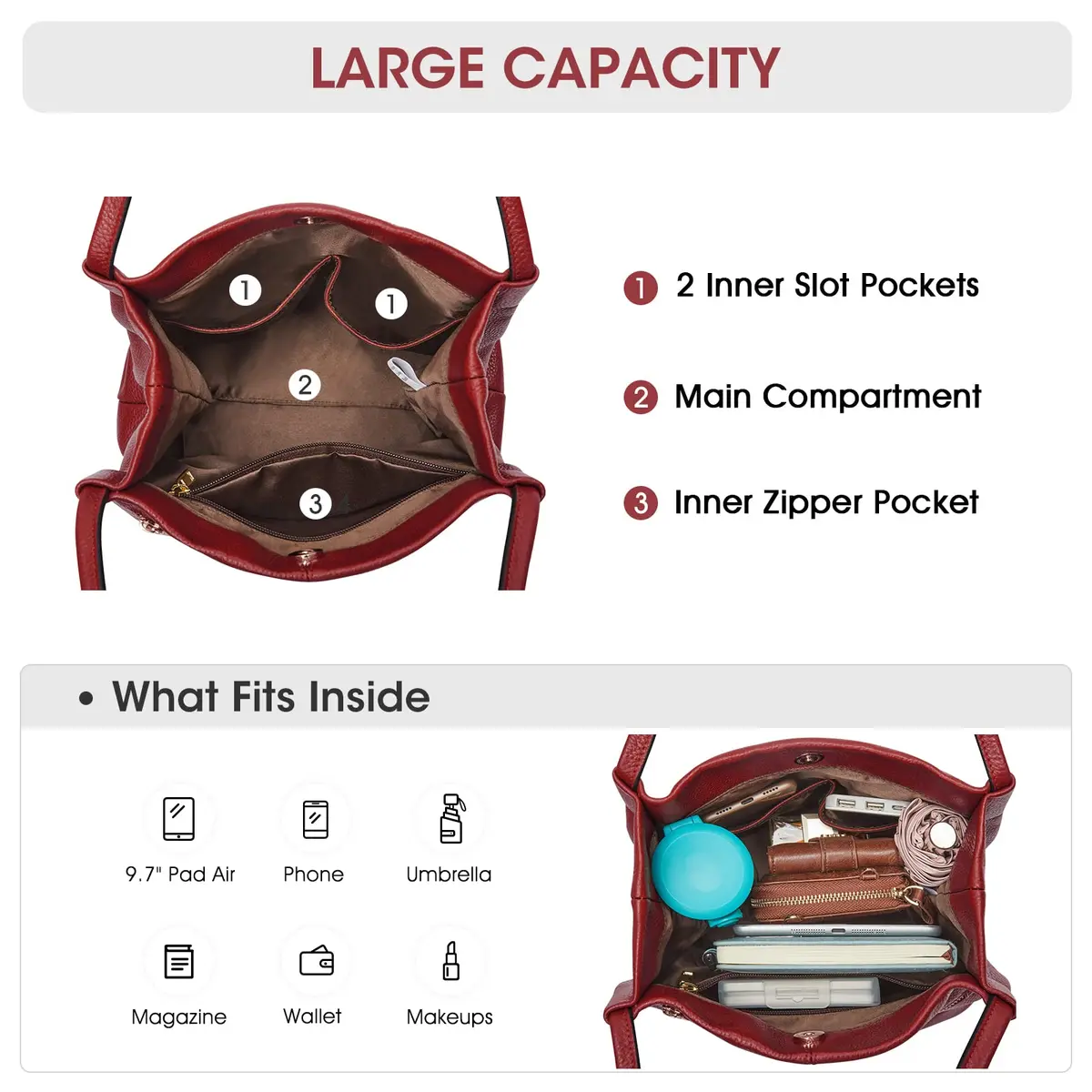 Kattee Genuine Leather Tote Handbag for Women (Wine Red) | Soft Top Grain Pebbled Cowhide Leather with Gold Hardware - view 4