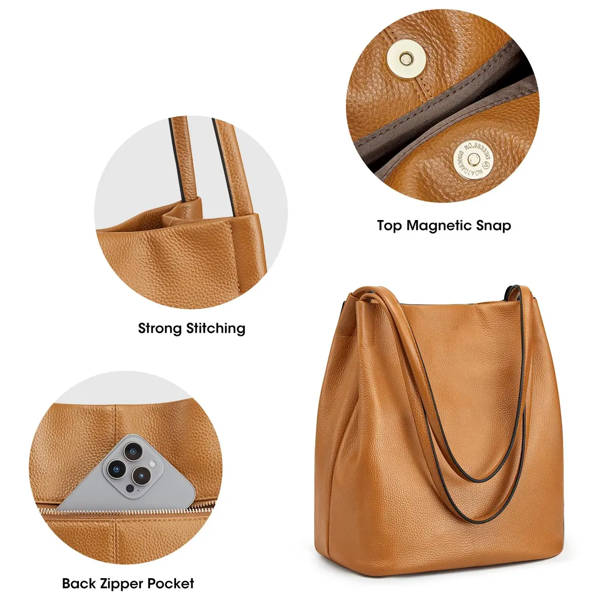 Kattee Genuine Leather Tote Handbag for Women (Brown) | Soft Pebbled Cowhide with Magnetic Snap Closure - view 5