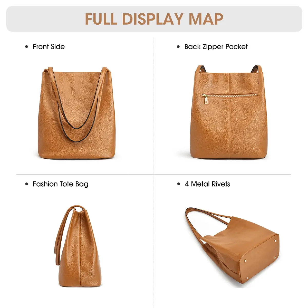 Kattee Genuine Leather Tote Handbag for Women (Brown) | Soft Pebbled Cowhide with Magnetic Snap Closure - view 6