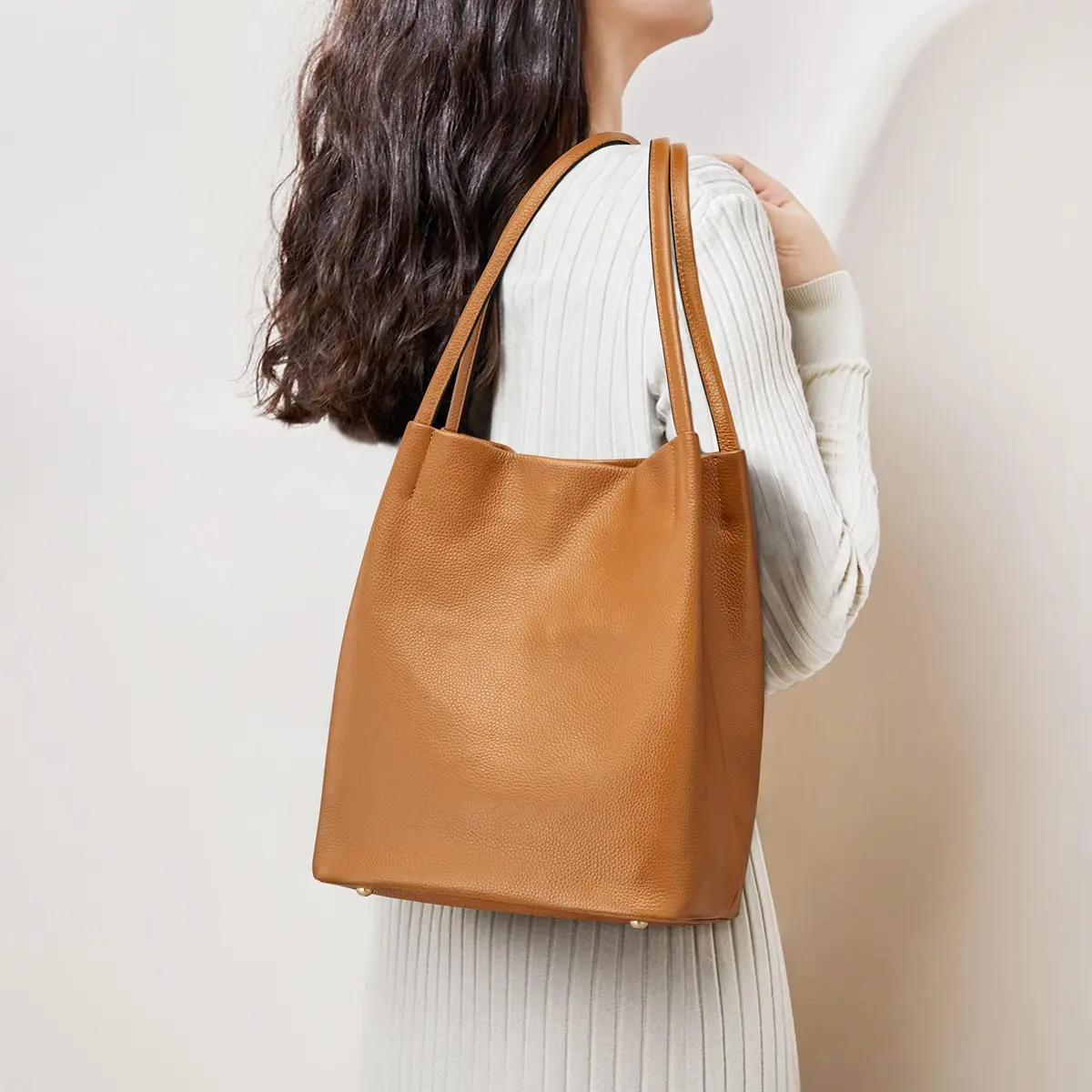 Kattee Genuine Leather Tote Handbag for Women (Brown) | Soft Pebbled Cowhide with Magnetic Snap Closure - view 2