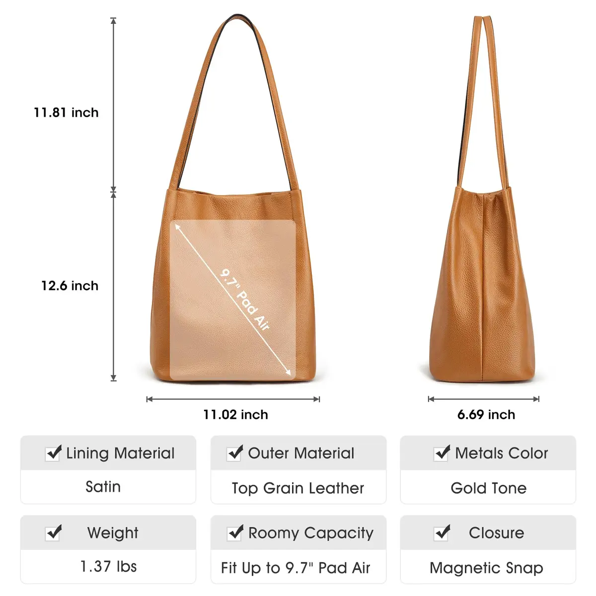 Kattee Genuine Leather Tote Handbag for Women (Brown) | Soft Pebbled Cowhide with Magnetic Snap Closure - view 3