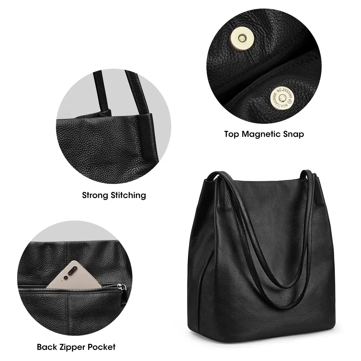 Kattee Genuine Leather Tote Handbag for Women Medium Black | Top Grain Pebbled Cowhide Leather with Gold Hardware - view 5