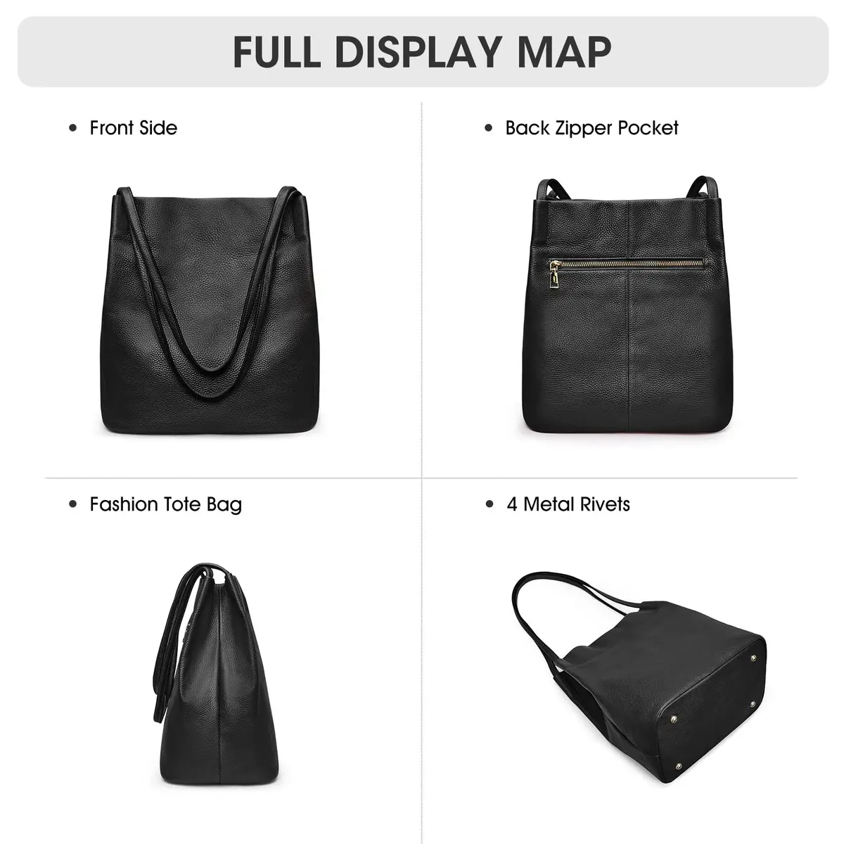 Kattee Genuine Leather Tote Handbag for Women Medium Black | Top Grain Pebbled Cowhide Leather with Gold Hardware - view 6