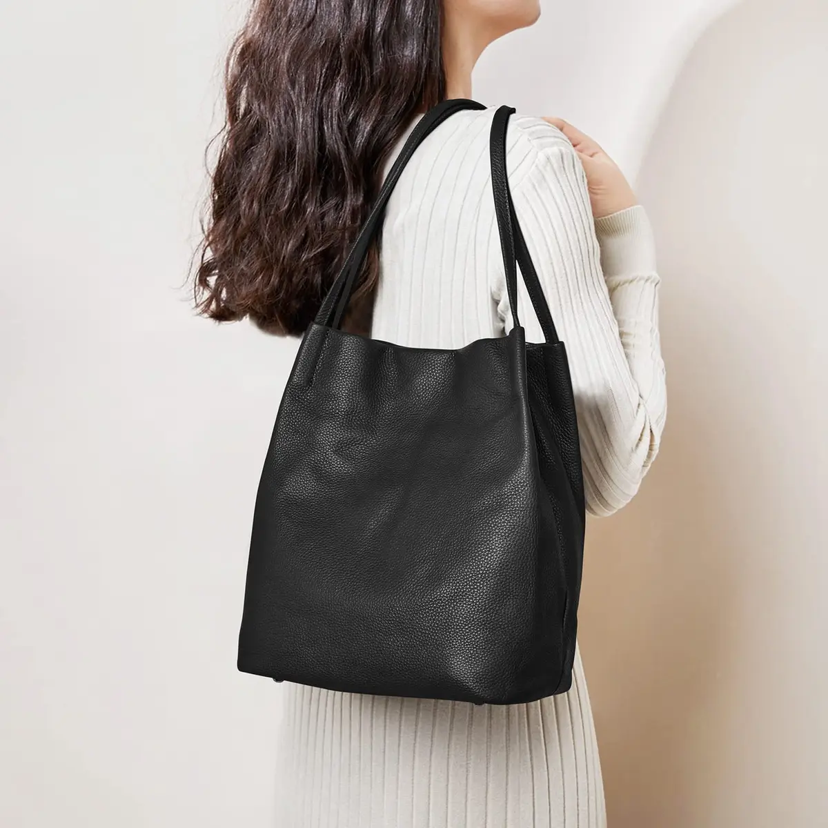 Kattee Genuine Leather Tote Handbag for Women Medium Black | Top Grain Pebbled Cowhide Leather with Gold Hardware - view 2