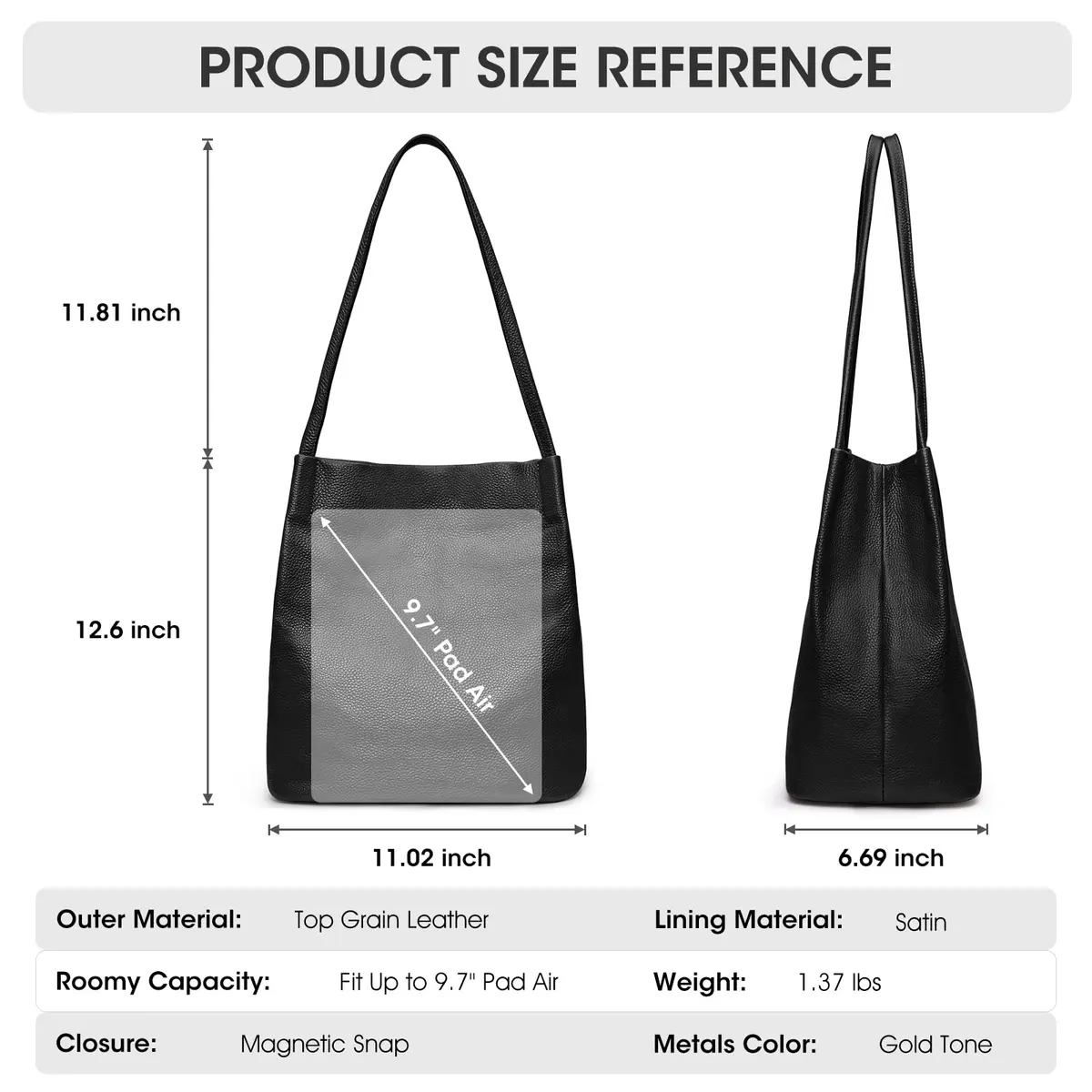 Kattee Genuine Leather Tote Handbag for Women Medium Black | Top Grain Pebbled Cowhide Leather with Gold Hardware - view 3