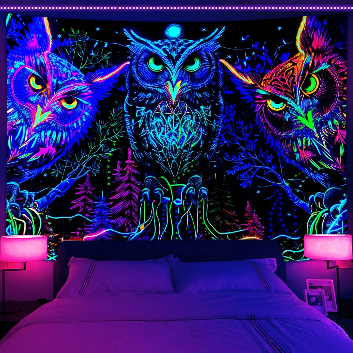 JAWO Blacklight Tapestry UV Reactive Owl Forest Art Poster 71x60 Inch | Glows Under Blacklight - main product image