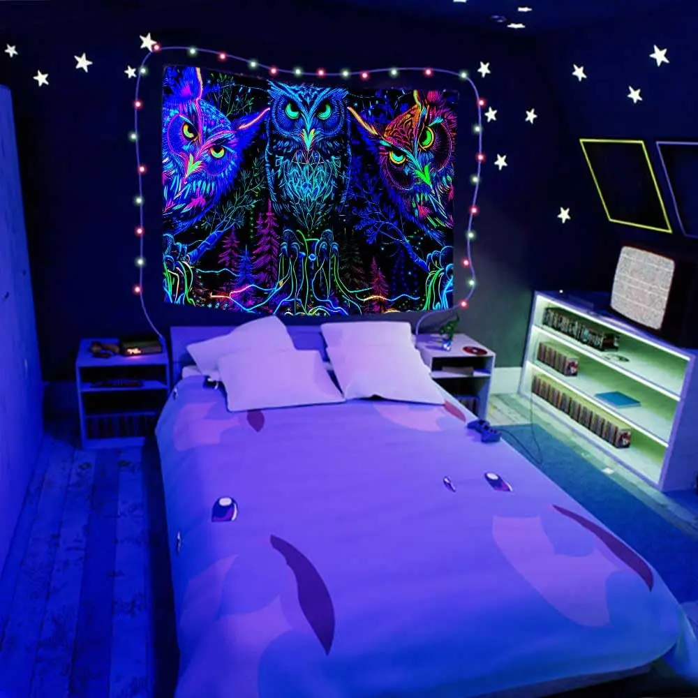 JAWO Blacklight Tapestry UV Reactive Owl Forest Art Poster 71x60 Inch | Glows Under Blacklight - view 5
