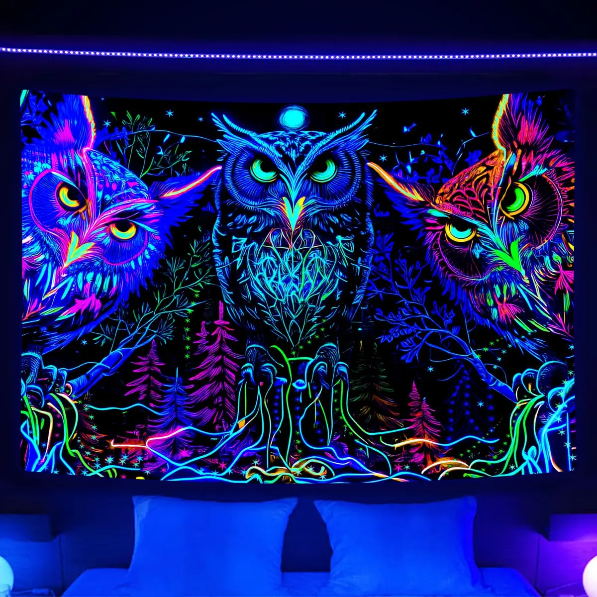 JAWO Blacklight Tapestry UV Reactive Owl Forest Art Poster 71x60 Inch | Glows Under Blacklight - view 2