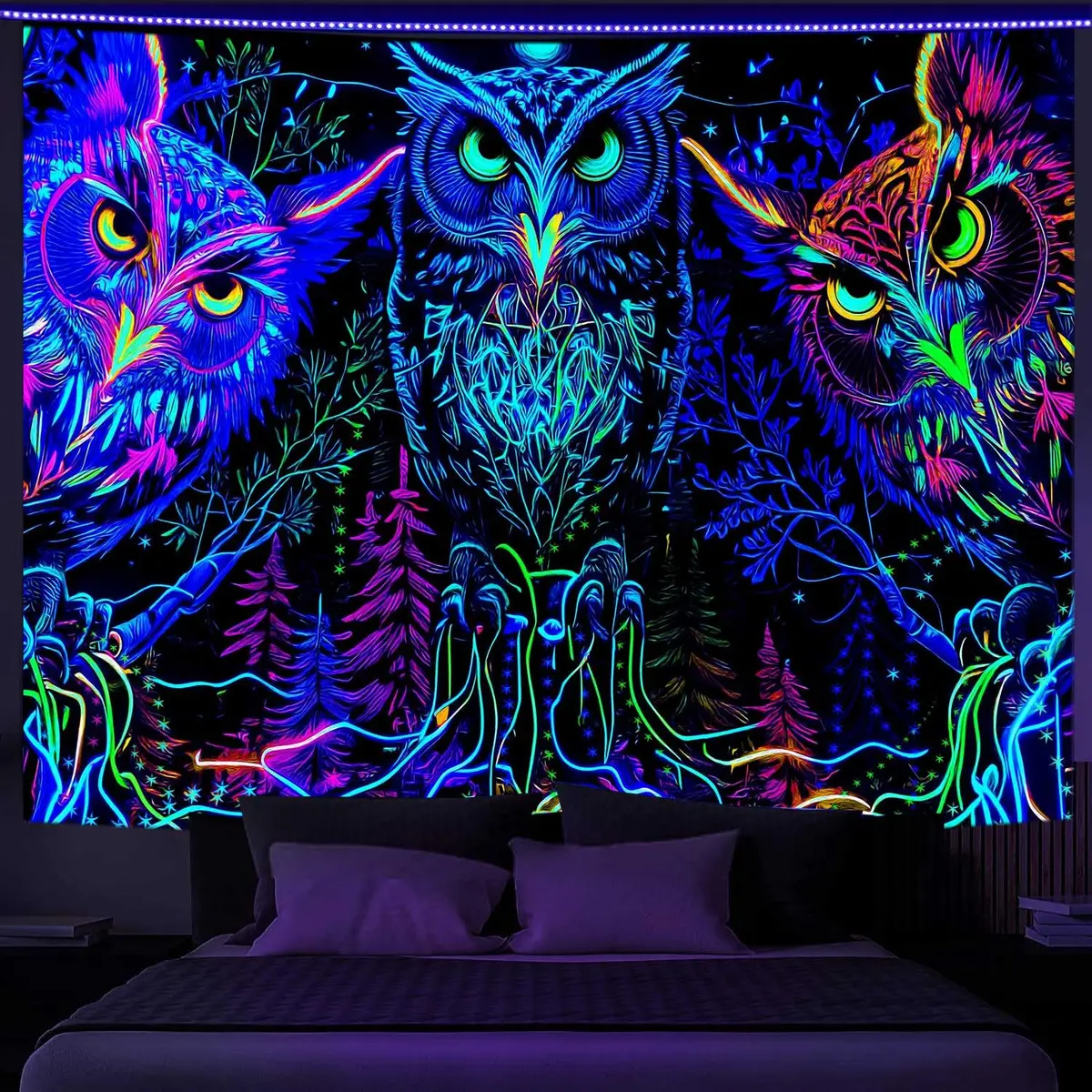 JAWO Blacklight Tapestry UV Reactive Owl Forest Art Poster 71x60 Inch | Glows Under Blacklight - view 3