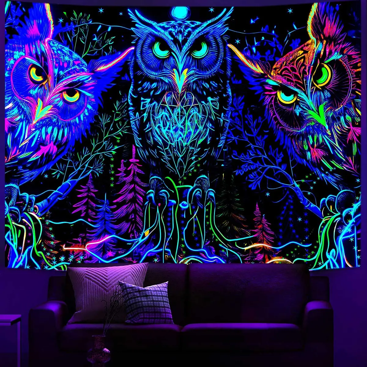 JAWO Blacklight Tapestry UV Reactive Owl Forest Art Poster 71x60 Inch | Glows Under Blacklight - view 4