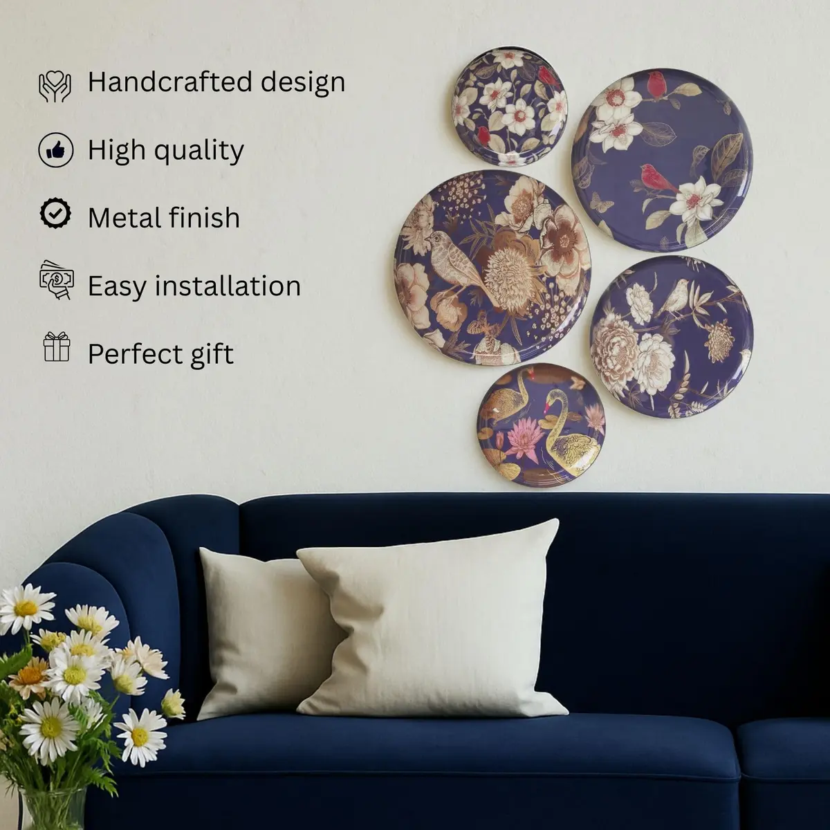 RITUALISTIC Oriental Blooms Metal Wall Plates | Floral Wall Decor for Living Room, Bedroom & Hall | Set of 5 Assorted Sizes - view 2