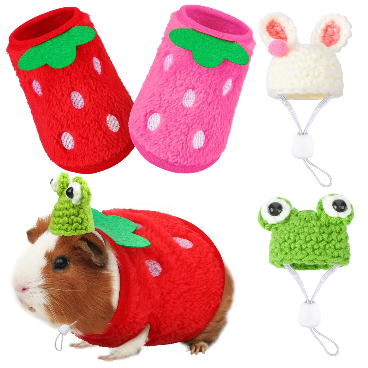 Mixweer Guinea Pig Accessories 2 Mini Hats & 2 Clothes | Adjustable Strap, Cozy & Cute (70-120 chars) - main product image