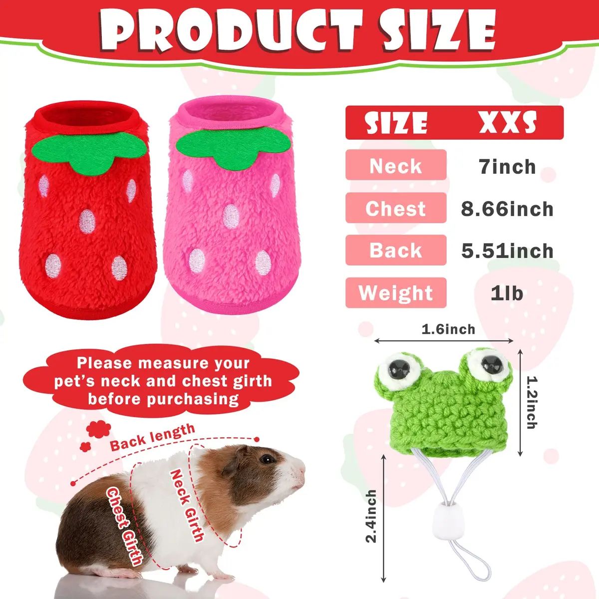 Mixweer Guinea Pig Accessories 2 Mini Hats & 2 Clothes | Adjustable Strap, Cozy & Cute (70-120 chars) - view 2