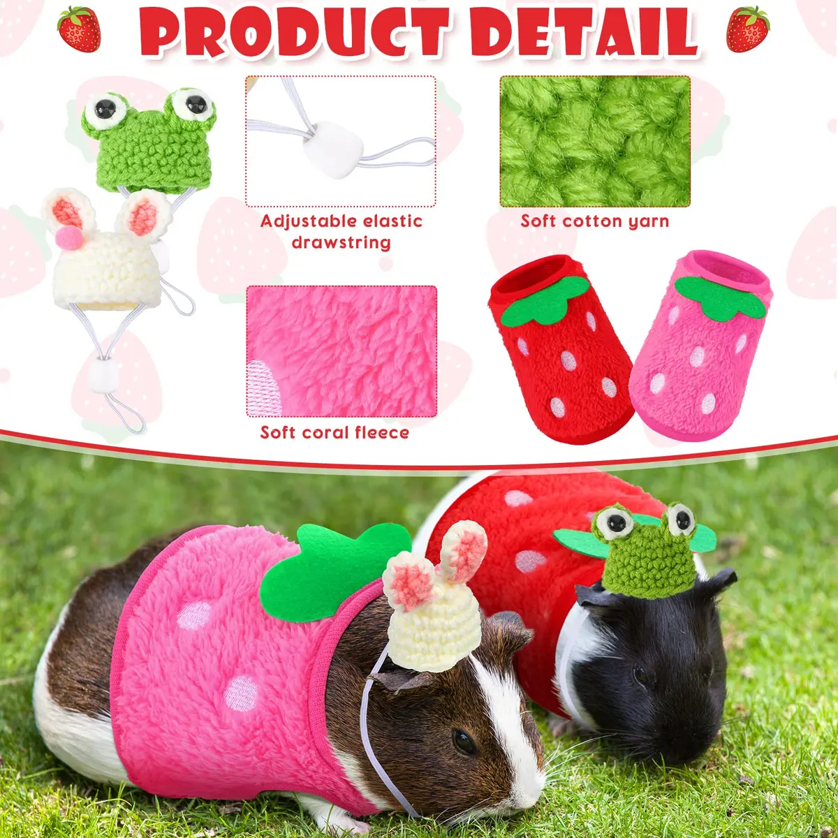 Mixweer Guinea Pig Accessories 2 Mini Hats & 2 Clothes | Adjustable Strap, Cozy & Cute (70-120 chars) - view 3