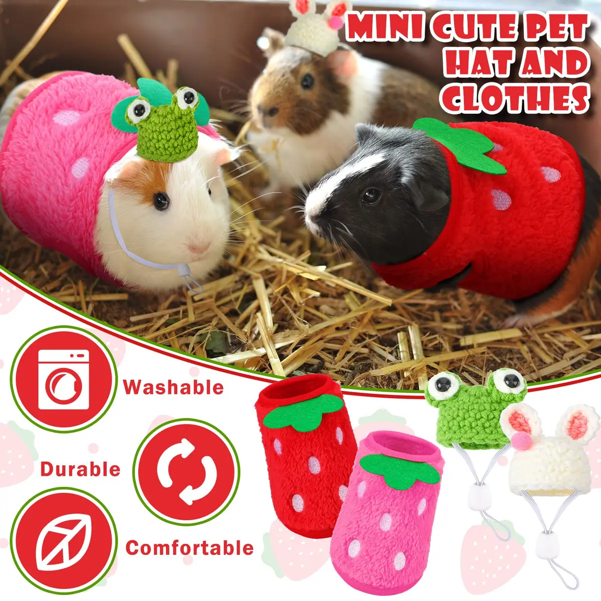 Mixweer Guinea Pig Accessories 2 Mini Hats & 2 Clothes | Adjustable Strap, Cozy & Cute (70-120 chars) - view 4