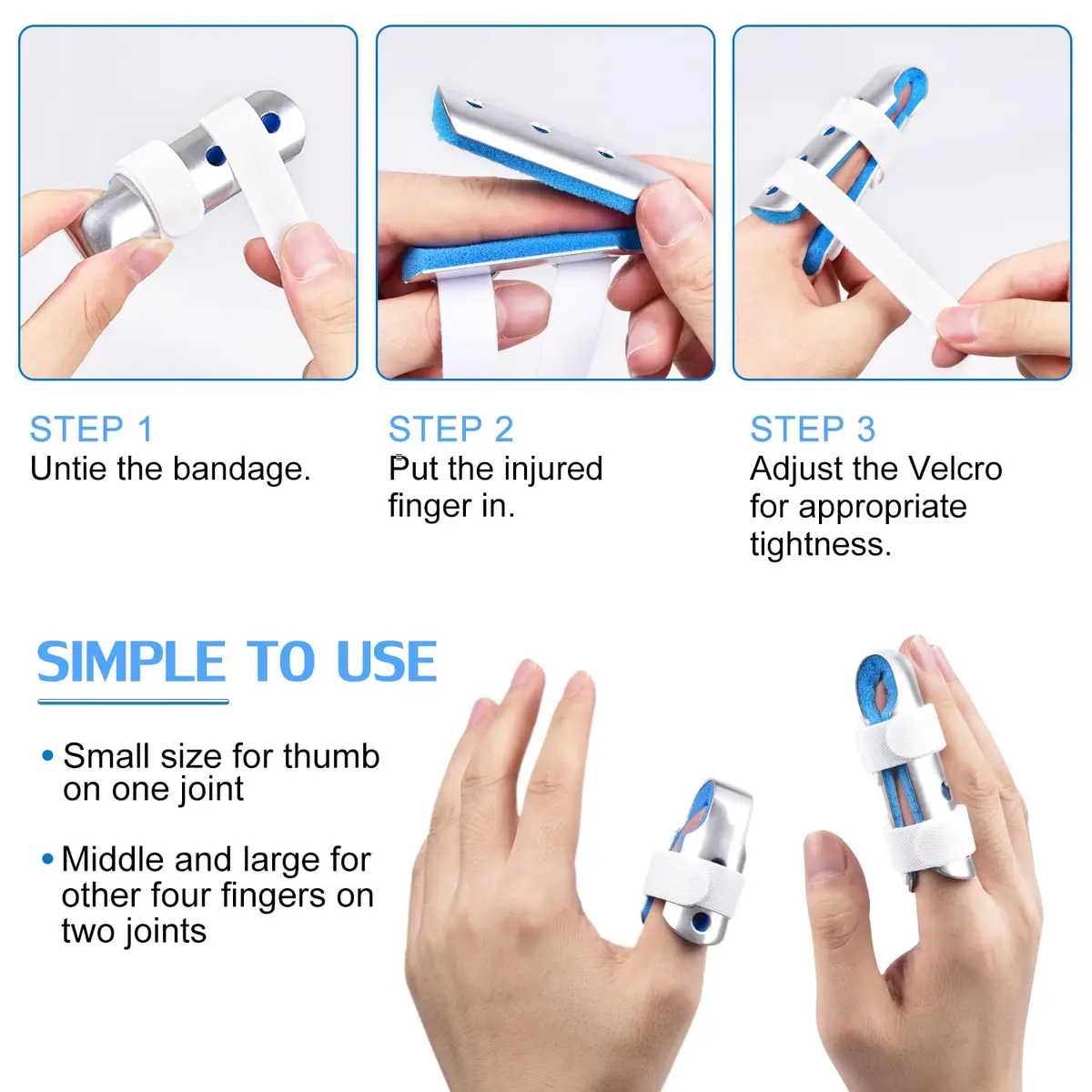 Sopito Finger Splint 3-Size Set for Middle, Pinky & Thumb | Lightweight Orthopedic Support - view 3