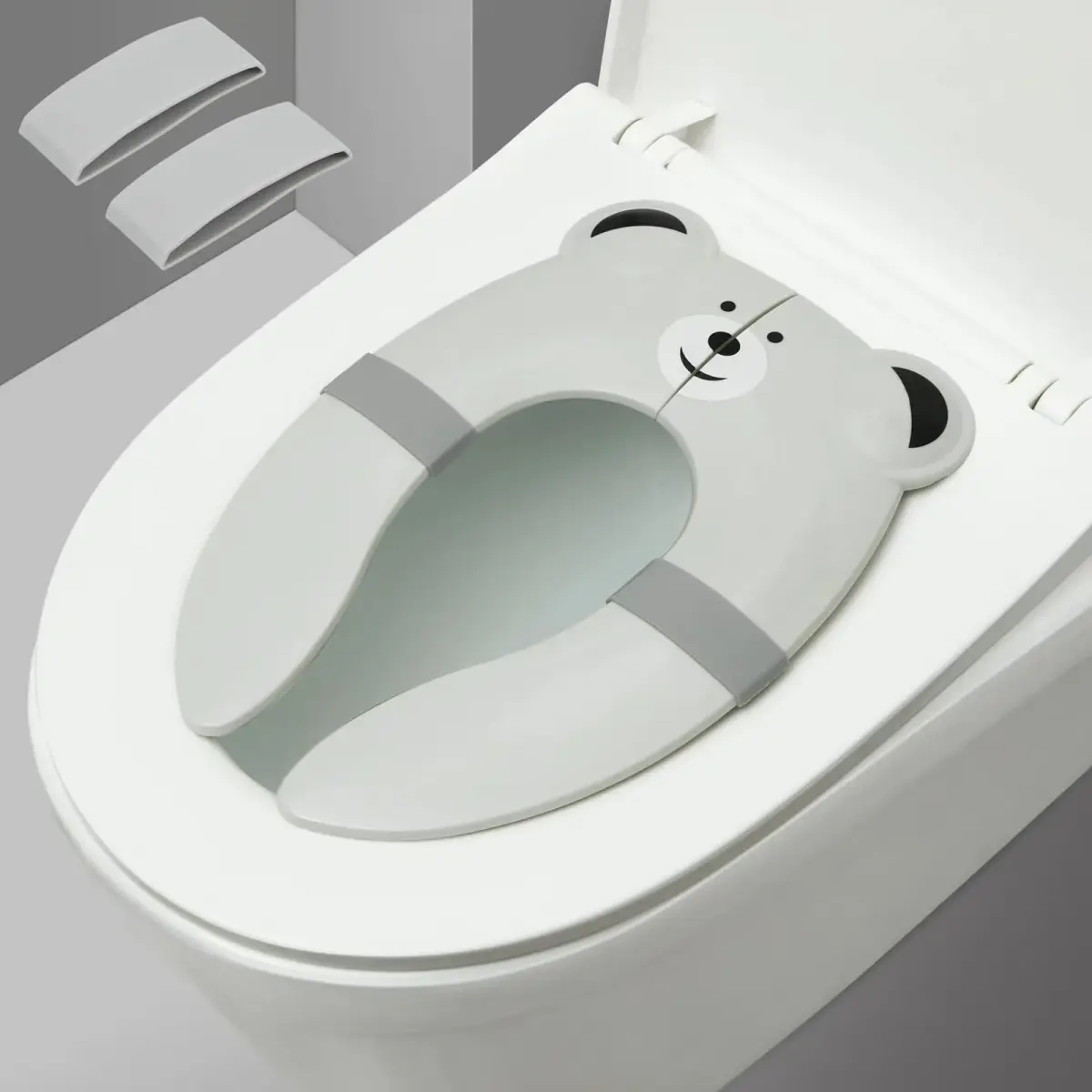 PandaEar Folding Froggy Travel Toilet Seat | Silicone Toddler Potty Seat with Non-Slip Pads (Grey Bear) - main product image