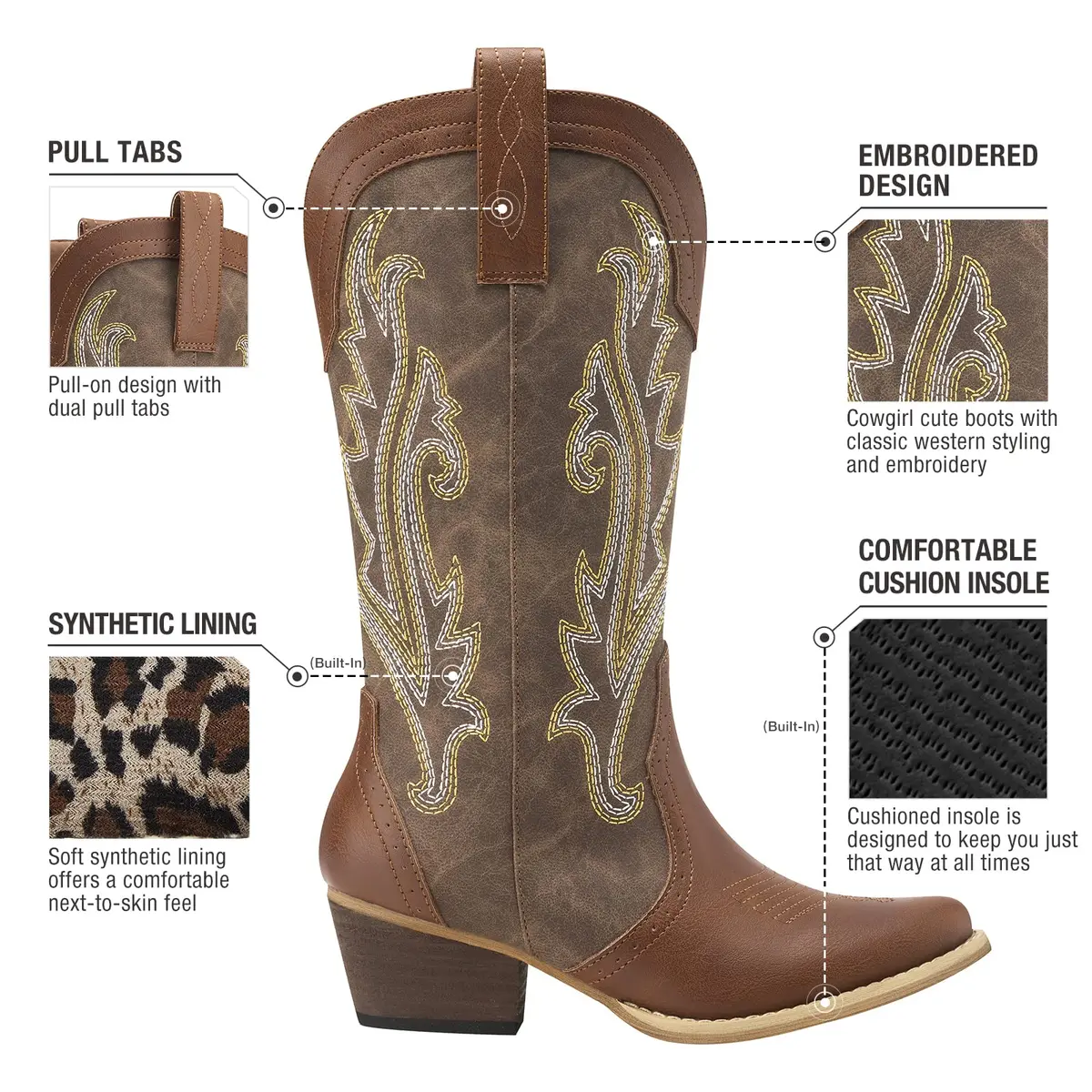 HISEA Rollda Women's Western Cowgirl Boots Mid Calf with 2" Block Heel, Mosaic Brown (US 8 / 25.4 cm) - view 5