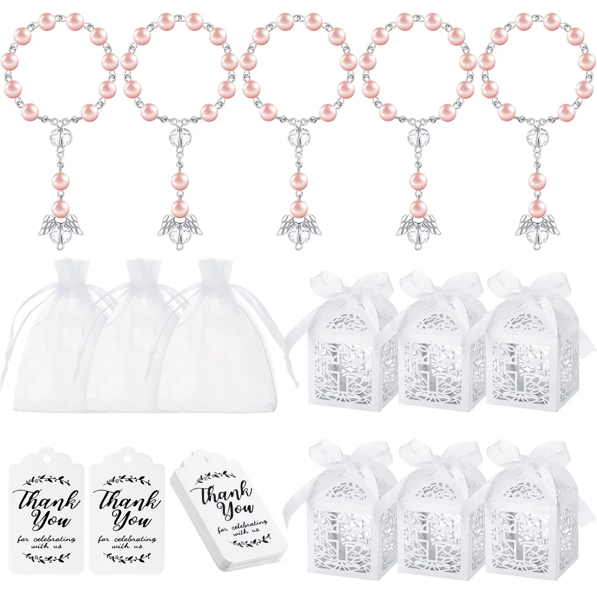 MTLEE Pink Baptism Rosary Set for Guests, First Communion Favors, 100 Pcs | Catholic Holy Communion Party Decor - main product image