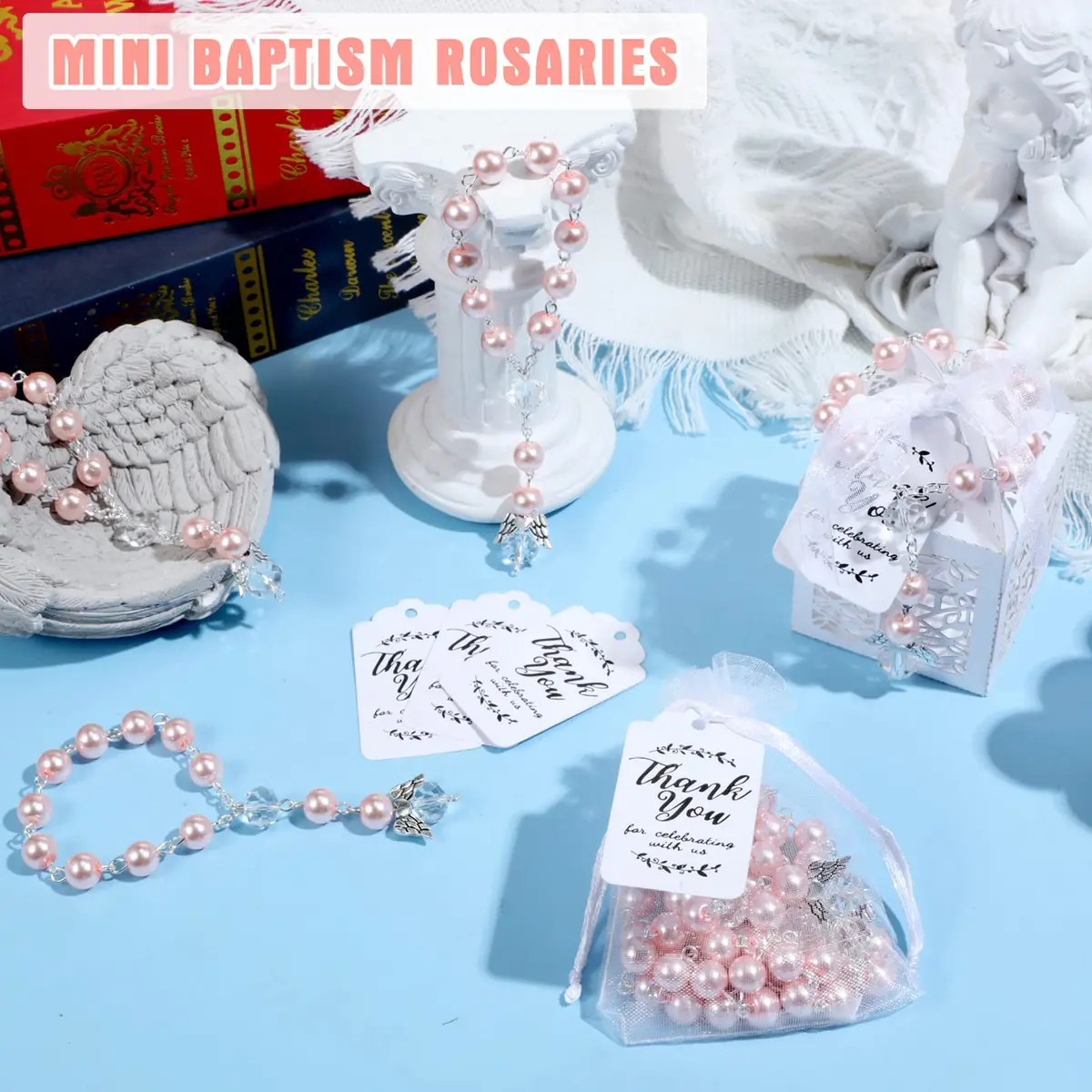 MTLEE Pink Baptism Rosary Set for Guests, First Communion Favors, 100 Pcs | Catholic Holy Communion Party Decor - view 7