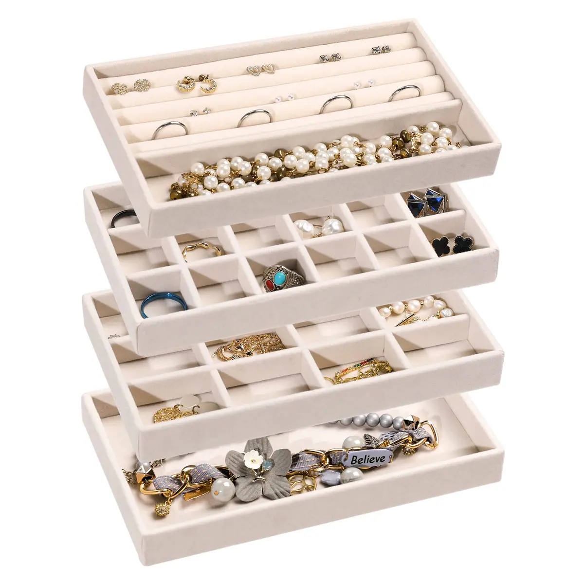 Frebeauty Jewelry Trays for Drawer | Set of 4 Velvet Organizer for Earrings, Rings & Necklaces - main product image