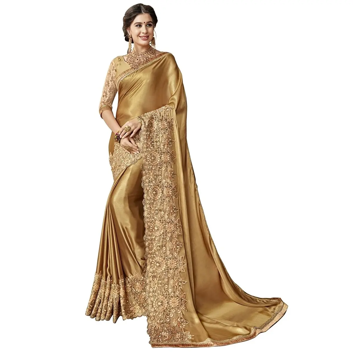 TRENDMALLS Women's Malai Silk Saree K817-Gold | Embroidery & Stone Work for Festive Wear - main product image