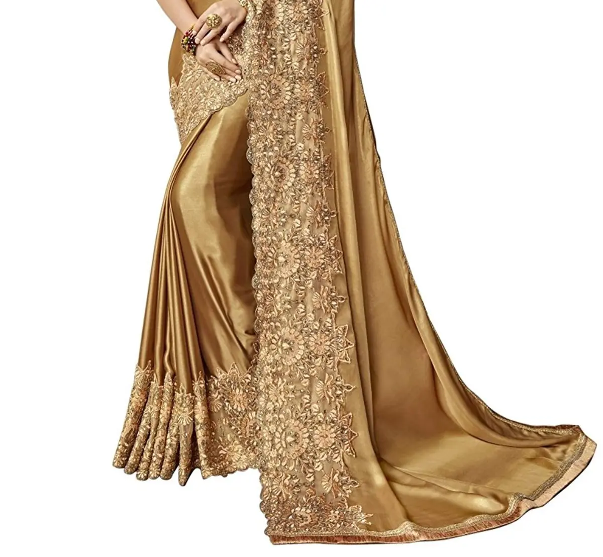TRENDMALLS Women's Malai Silk Saree K817-Gold | Embroidery & Stone Work for Festive Wear - view 8